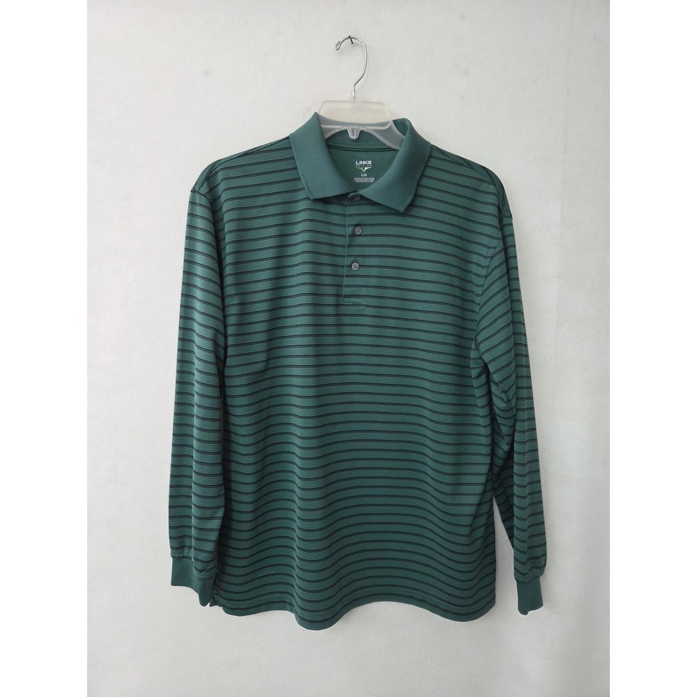 Links Edition Polo Shirt Mens L Green Black Striped Long Sleeve Golf Performance